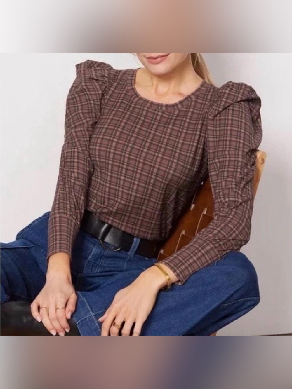 Nation LTD Plaid Puff-Sleeve Long Sleeve Top - Brown